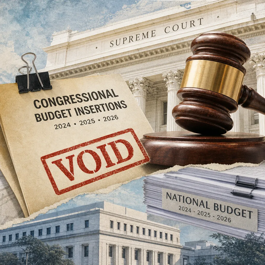 A gavel, Supreme Court building, and folders labeled congressional budget insertions with VOID, showing Supreme Court voided ₱467B in budget increases. (143 characters)