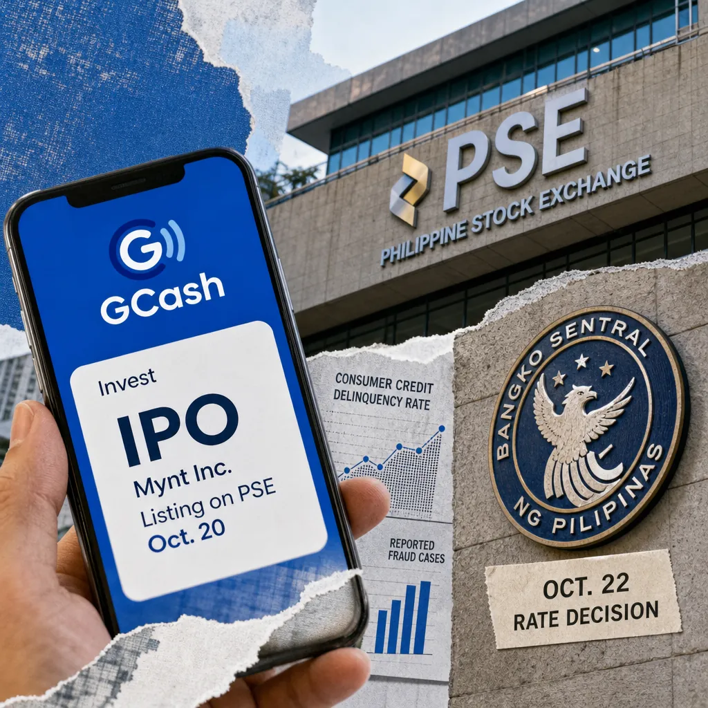 A hand holds a phone showing GCash parent Mynt’s IPO, with the Philippine Stock Exchange, BSP seal, and finance charts in the background. 143 characters