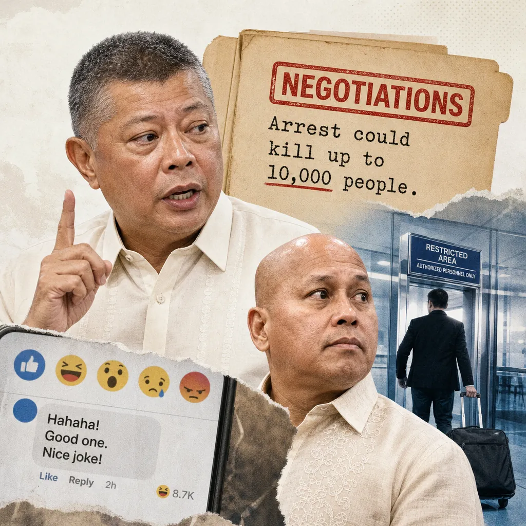 Interior Secretary Remulla warns of mass casualties if dela Rosa is arrested by force, with a folder marked 10,000 deaths and an airport scene. (143 characters)