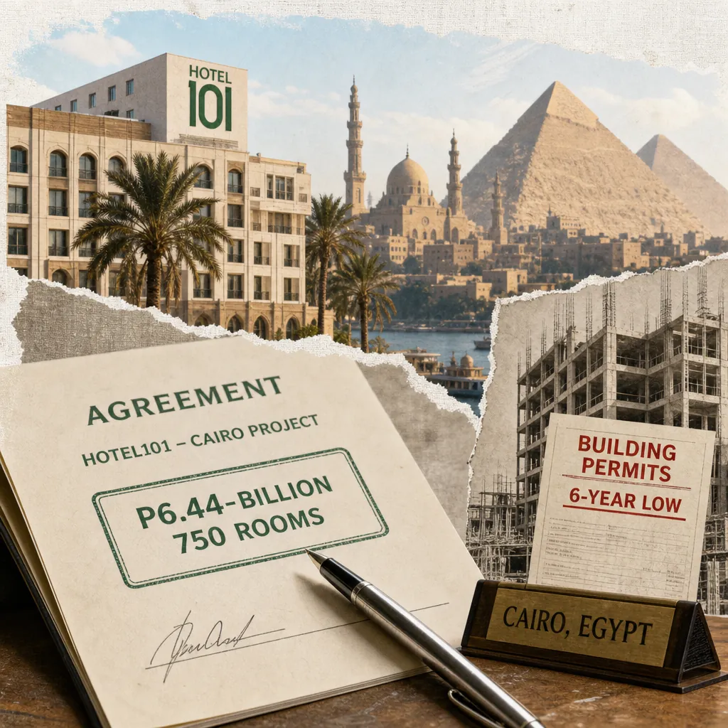 A Hotel101 deal agreement for a ₱6.44B Cairo hotel, city skyline, building permit, and construction site show Hotel101 expands to Egypt. 143 characters