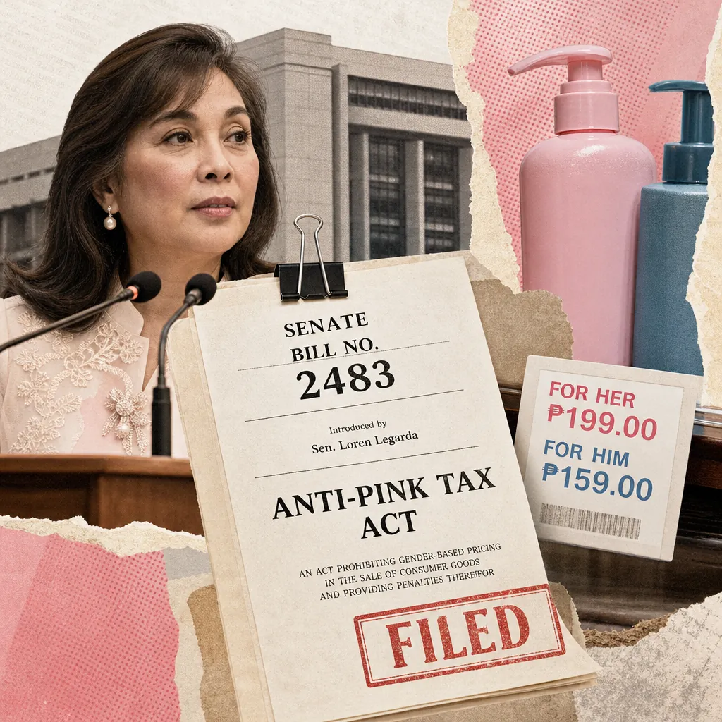 A woman speaks at a podium beside a Senate bill targeting gender-based price discrimination, with pink and blue bottles and price tags shown. 143 characters