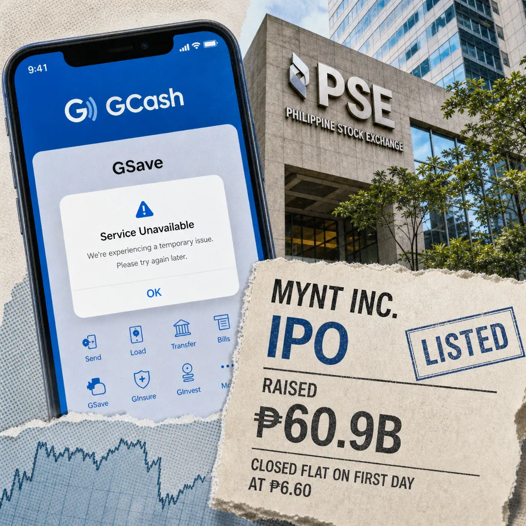 A hand rings a bell marked “MYNT INC. P60.9B IPO” outside the Philippine Stock Exchange, with a GCash app showing “Service Unavailable” and the keyphrase Philippines’ largest IPO. (144 characters)