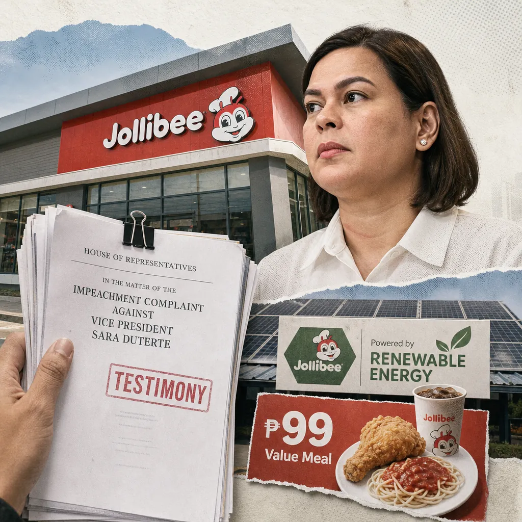 A woman stands in front of a Jollibee store, with impeachment trial testimony, renewable energy, and value pricing signs visible in the image. (143 characters)