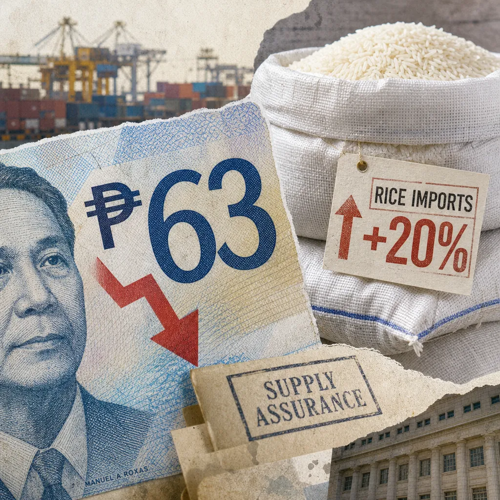 A collage shows a peso bill with ₱63 and a red arrow, a rice sack labeled rice imports up 20%, and supply assurance, reflecting food prices, supply, and hunger concerns in the Philippines. (144 characters)