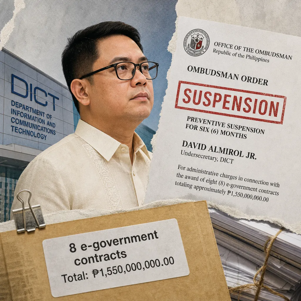A man in glasses is shown beside a suspension order, DICT building, and documents about ₱1.55B e-government contracts and Multisys conflict. 143 characters