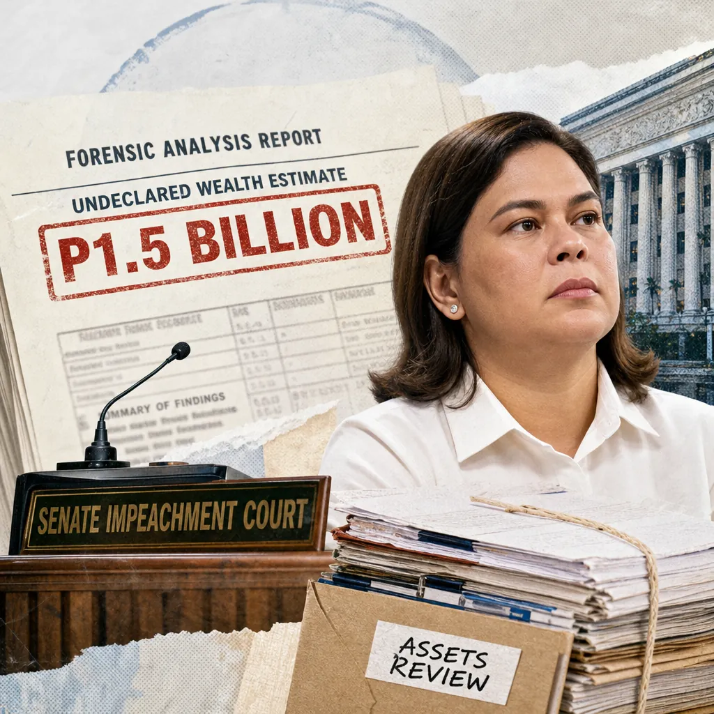 A woman sits beside a stack of folders labeled assets review, with a forensic report showing a ₱1.5B Duterte wealth estimate in the background. 143 characters
