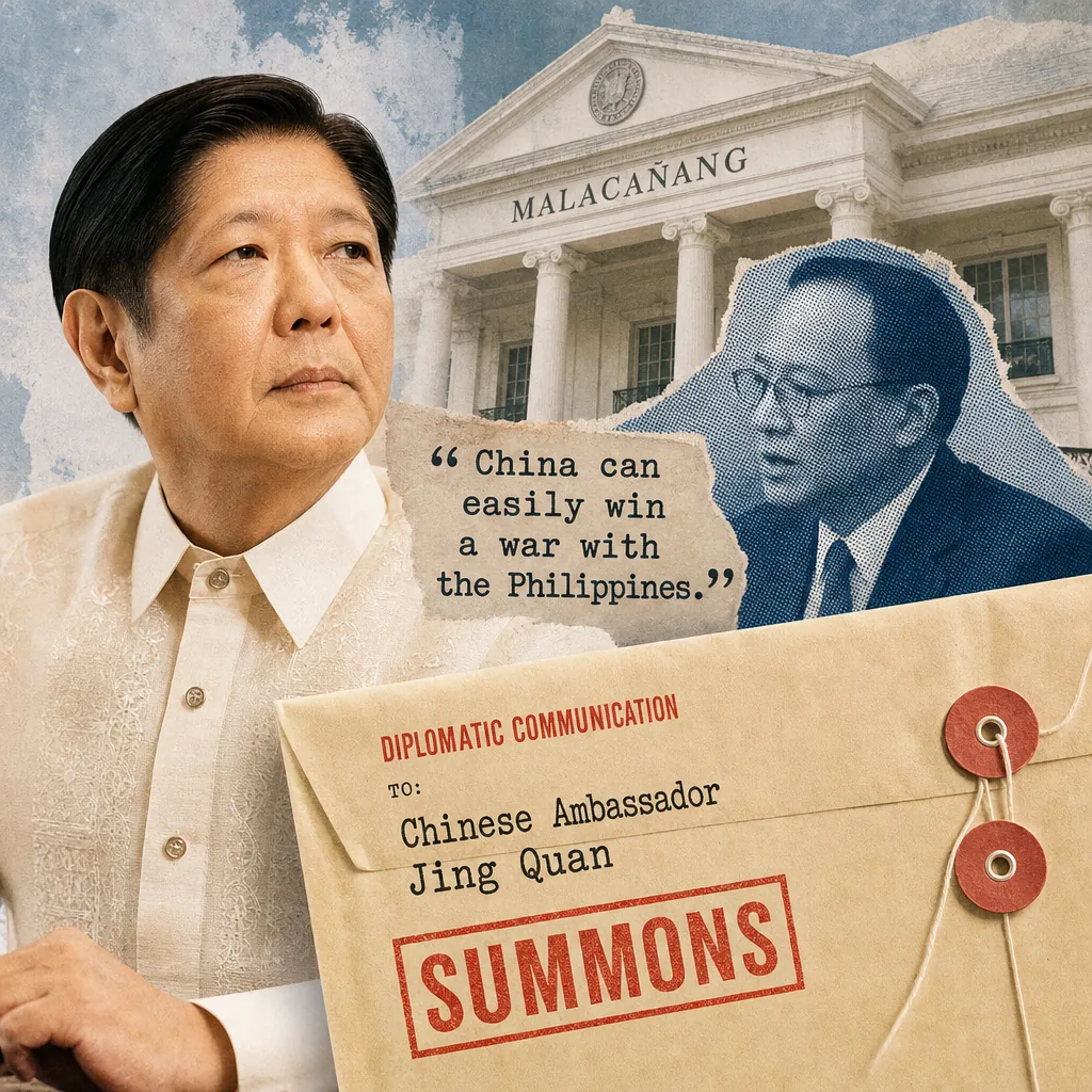 President Marcos looks serious in front of Malacañang, with a summons envelope and the keyphrase military threat in a diplomatic context. (137 characters)