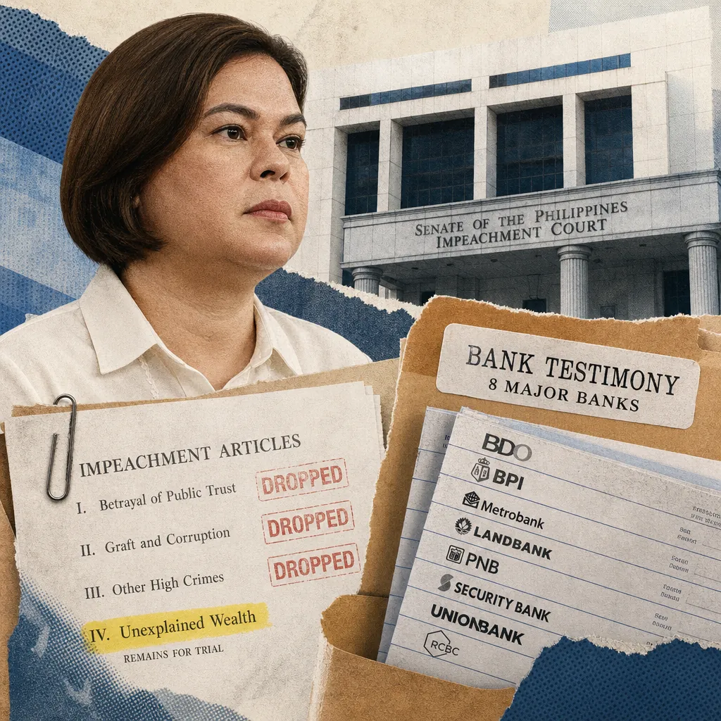 A woman sits in a courtroom during an impeachment trial, with folders labeled unexplained wealth, bank records, AMLC data and financial sector impacts. (143 characters)