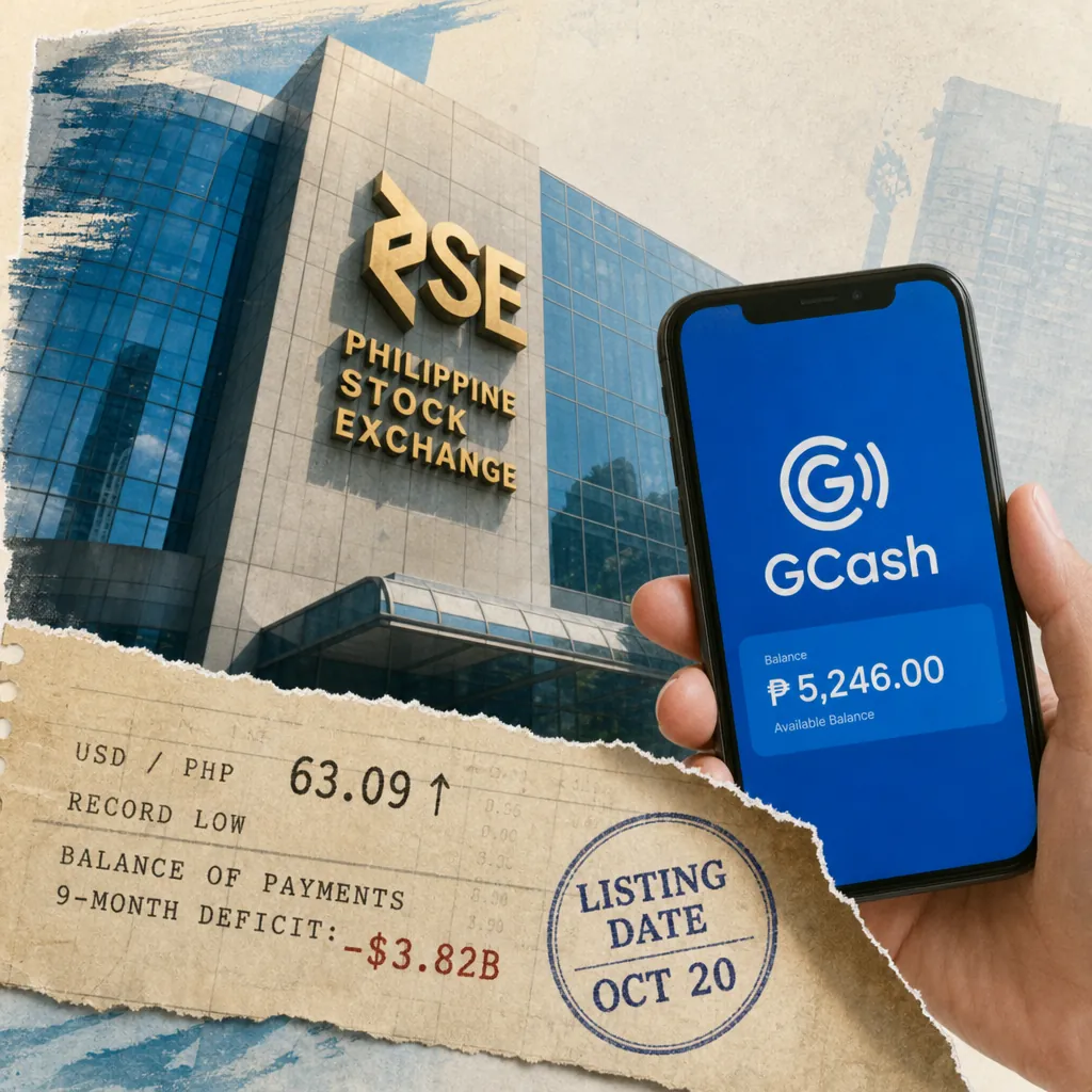 A hand holds a phone showing a GCash balance in front of the Philippine Stock Exchange, as the peso hit a record low and the balance of payments deficit widened. (143 characters)