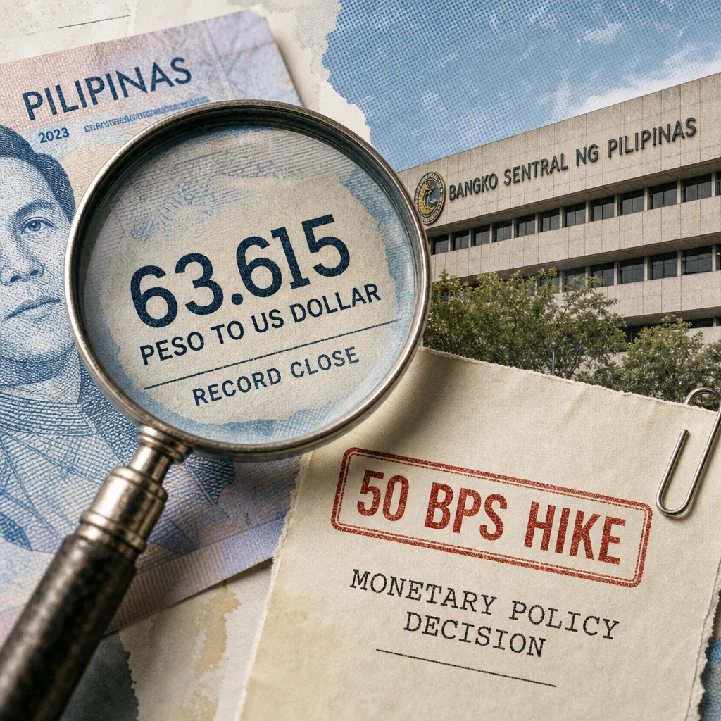 A magnifying glass highlights the Philippine peso hitting a record low as BSP raised rates, with monetary policy documents and a bank building visible. (143 characters)
