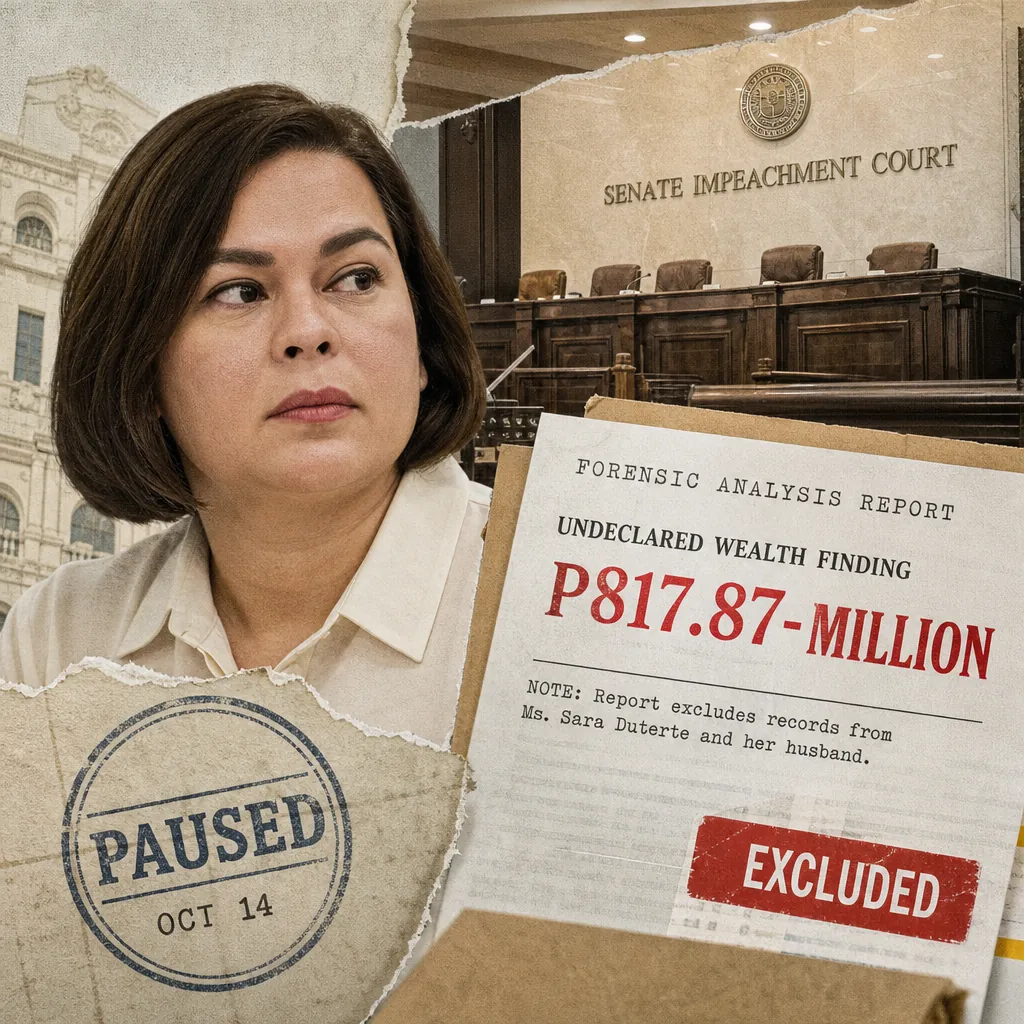 A woman looks away beside a report on alleged ₱817.87M undeclared wealth, with a Senate impeachment court and trial paused sign in view.