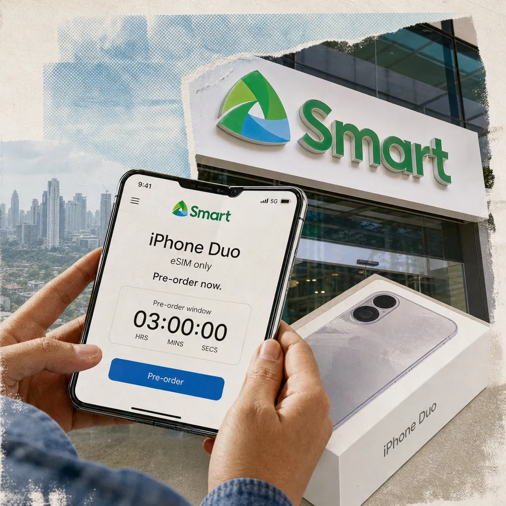 A person holds a phone showing Smart opens iPhone Duo preorders as the first Philippine carrier, with a Smart store and iPhone Duo box nearby. 143 characters