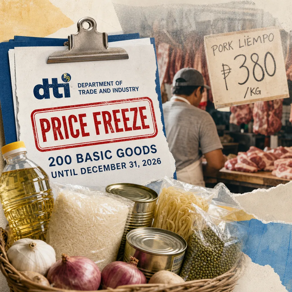A basket of basic goods like rice, oil, canned food, and onions is shown with a DTI price freeze sign and pork price gaps at a meat market. 143 characters