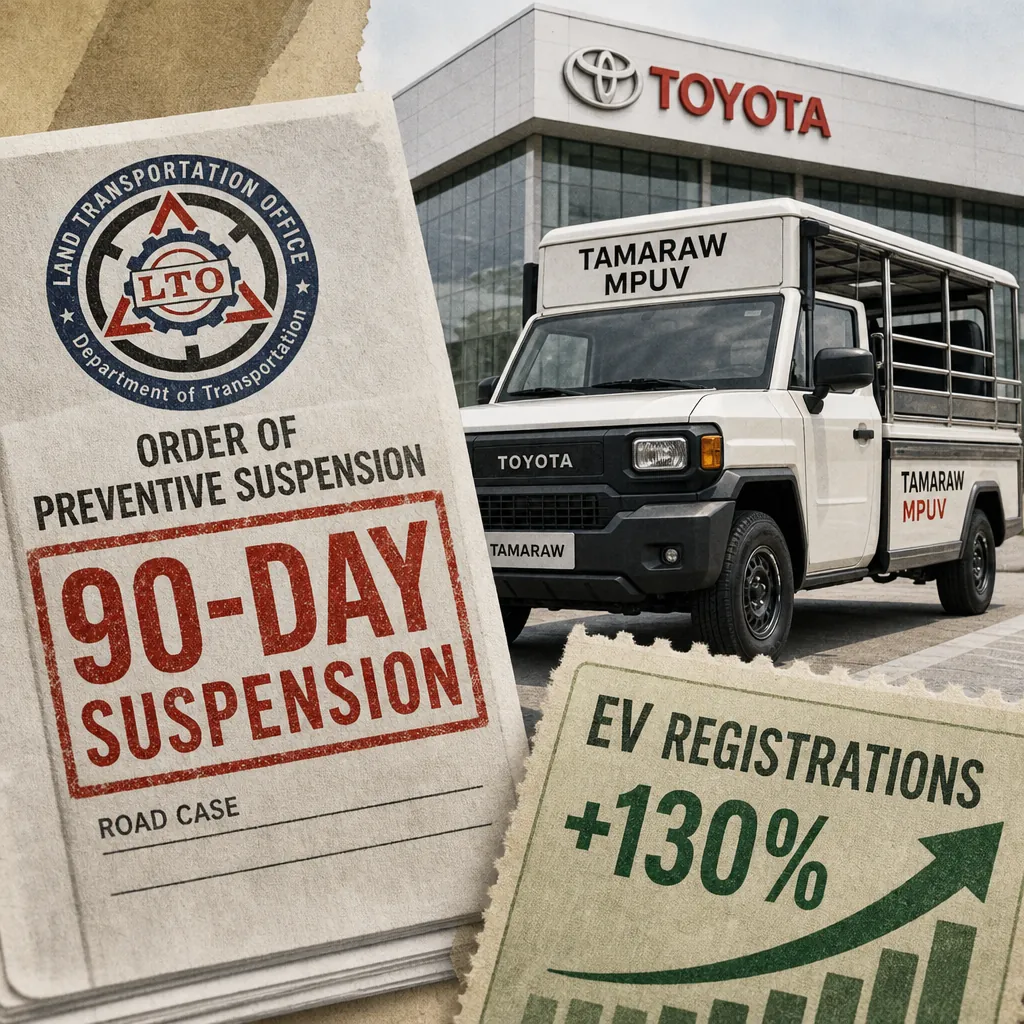 A collage shows a 90-day suspension stamp, LTO documents, a Toyota Tamaraw vehicle, and the Land Transportation Office building, highlighting Philippine automotive trends. (145 characters)
