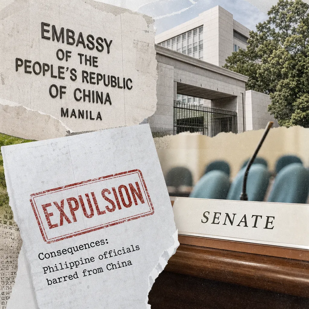 A collage shows a guard at the Chinese embassy, a Senate session, and a sign about the China-Philippines envoy dispute and peso recovery. (143 characters)