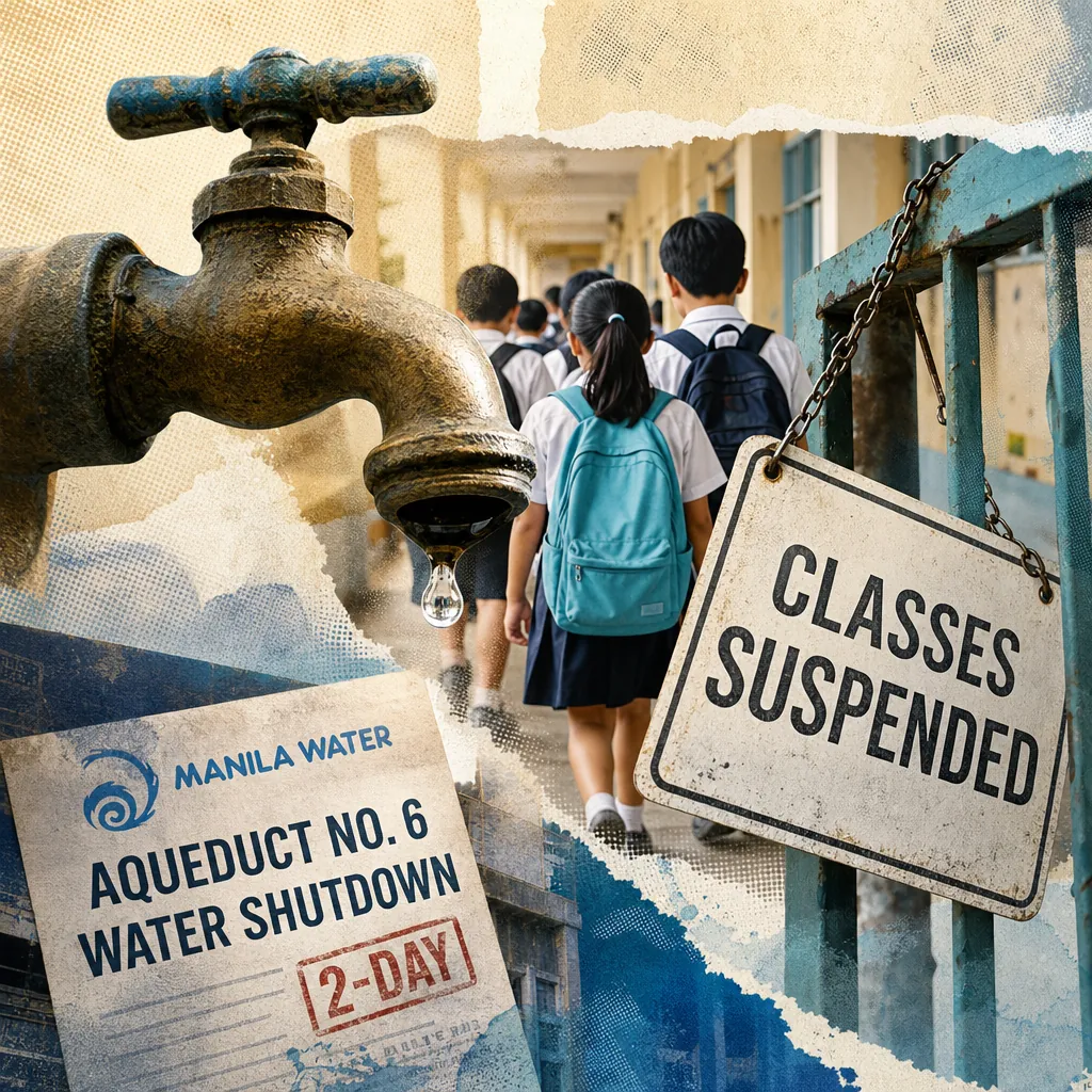 A sign about a two-day water shutdown in Bulacan is posted near a dripping faucet, with a chalkboard reading classes suspended in a school hallway. 145 characters