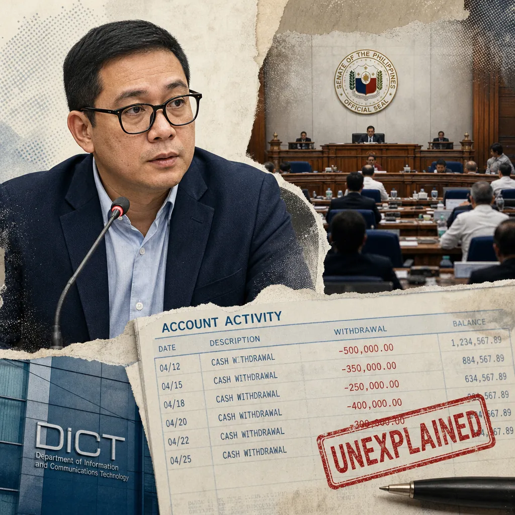 A man speaks at a hearing, with a Senate session, DICT building, and account activity showing a ₱41M withdrawal and NBI money-laundering probe. 143 characters