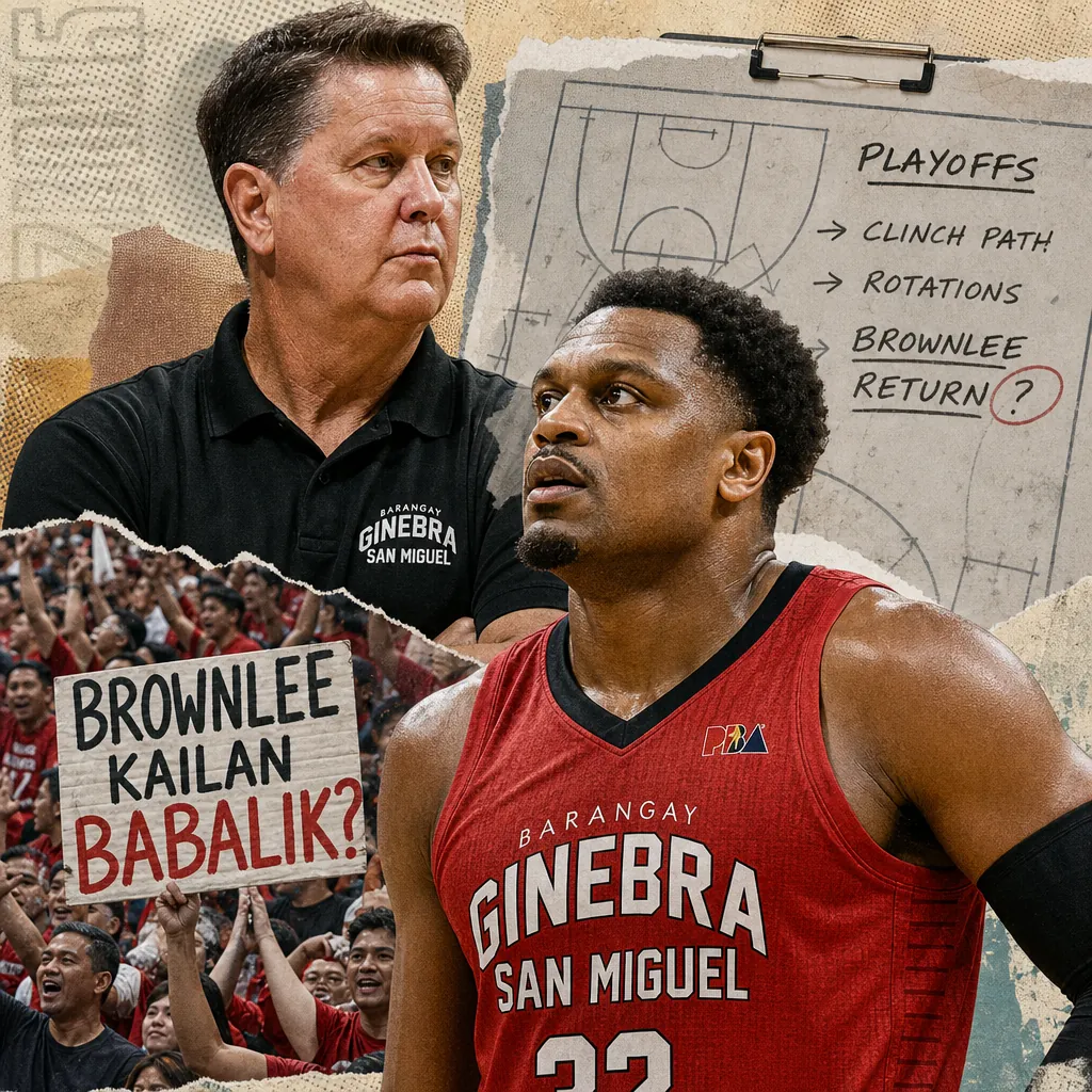 Ginebra’s playoff push, Brownlee’s possible return, and fans holding signs are shown, highlighting the team’s playoff hopes and key players. (143 characters)