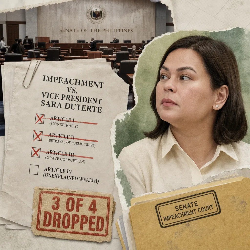 A woman sits in front of a Senate hall, with documents showing the Senate impeachment trial of Vice President Sara Duterte on unexplained wealth. (143 characters)