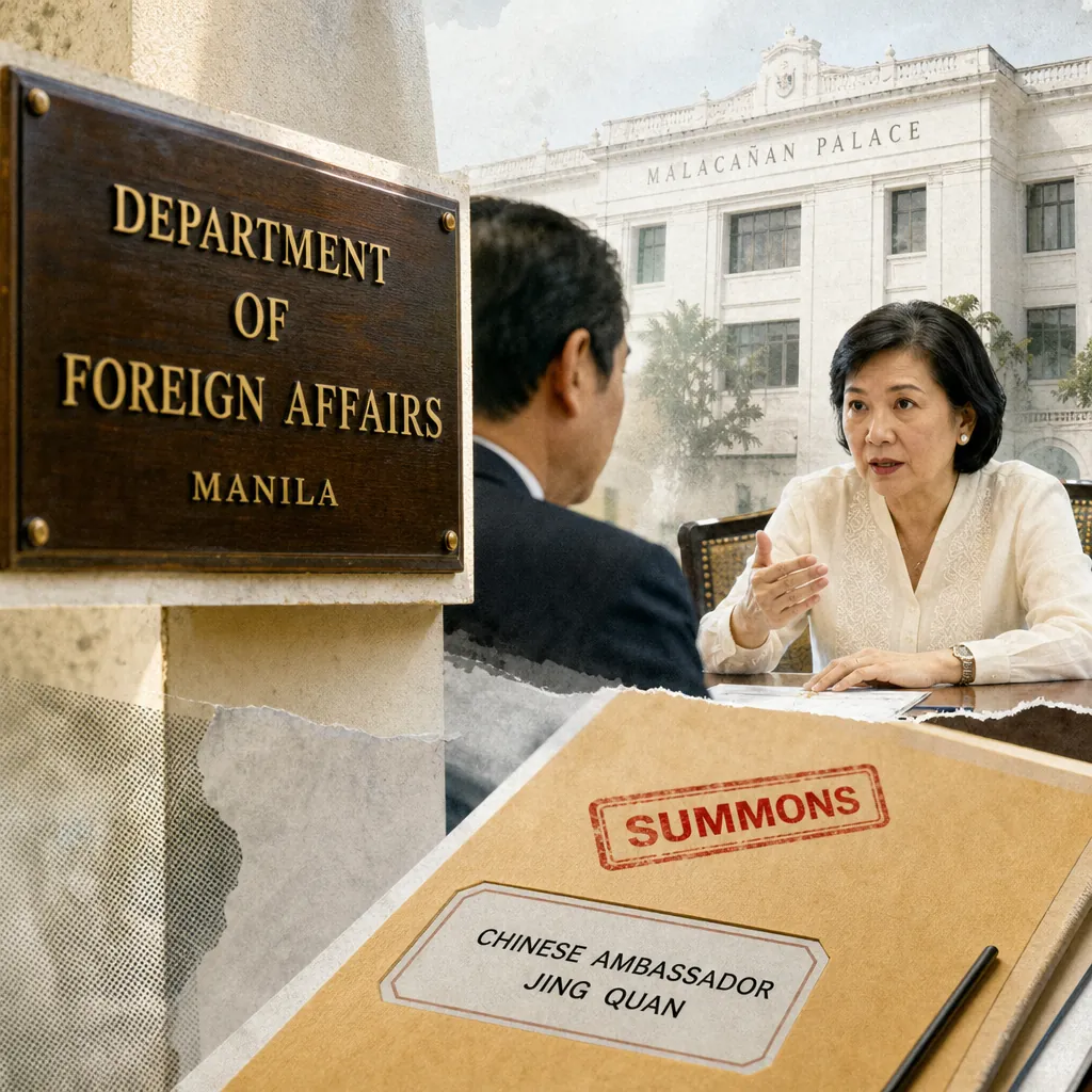 A summons to China’s envoy, a Department of Foreign Affairs building, and a meeting sign illustrate the Philippine government summoned China’s envoy. (143 characters)