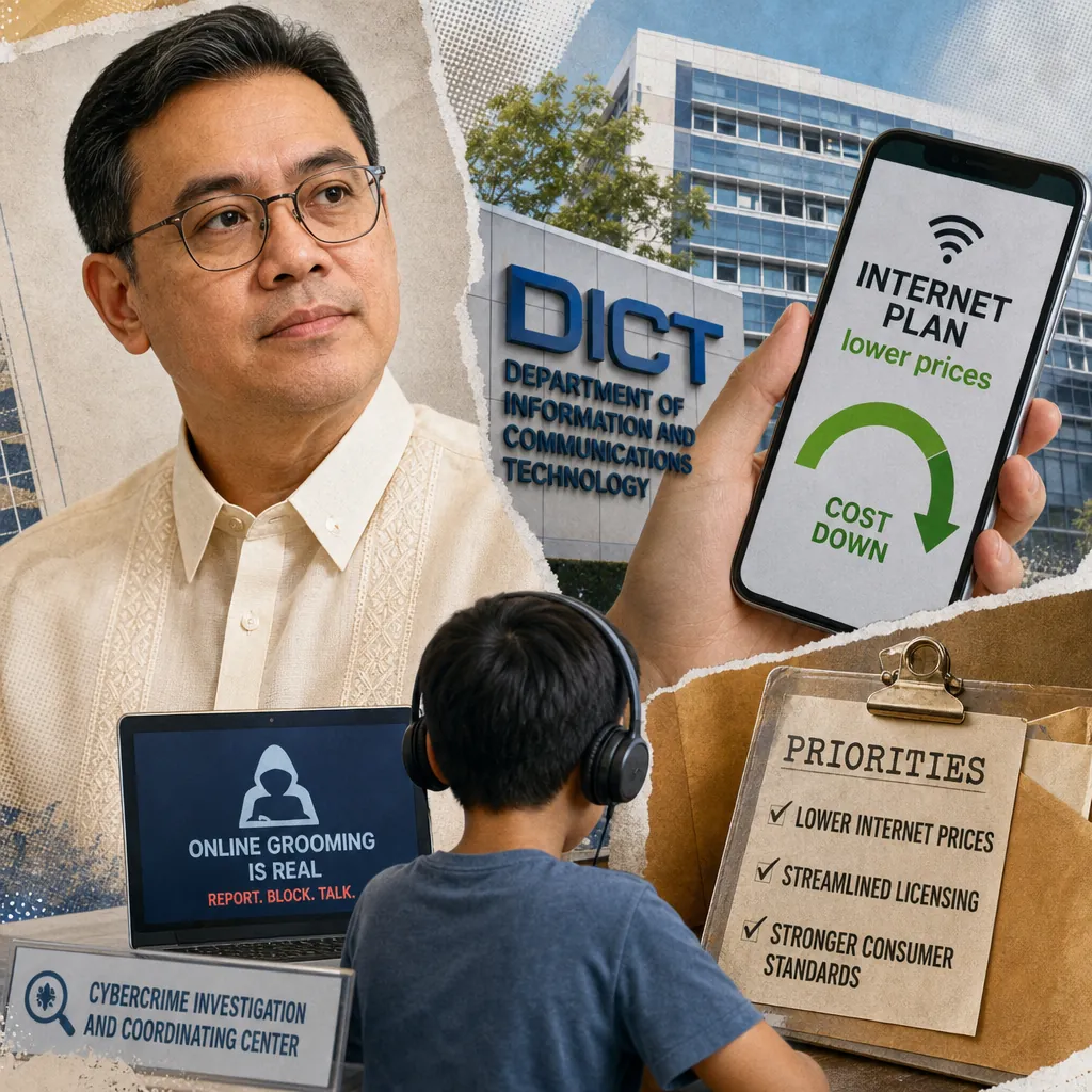 A man in glasses stands before a DICT building, with a phone showing "cheaper internet," a child at a laptop, and a child safety folder.