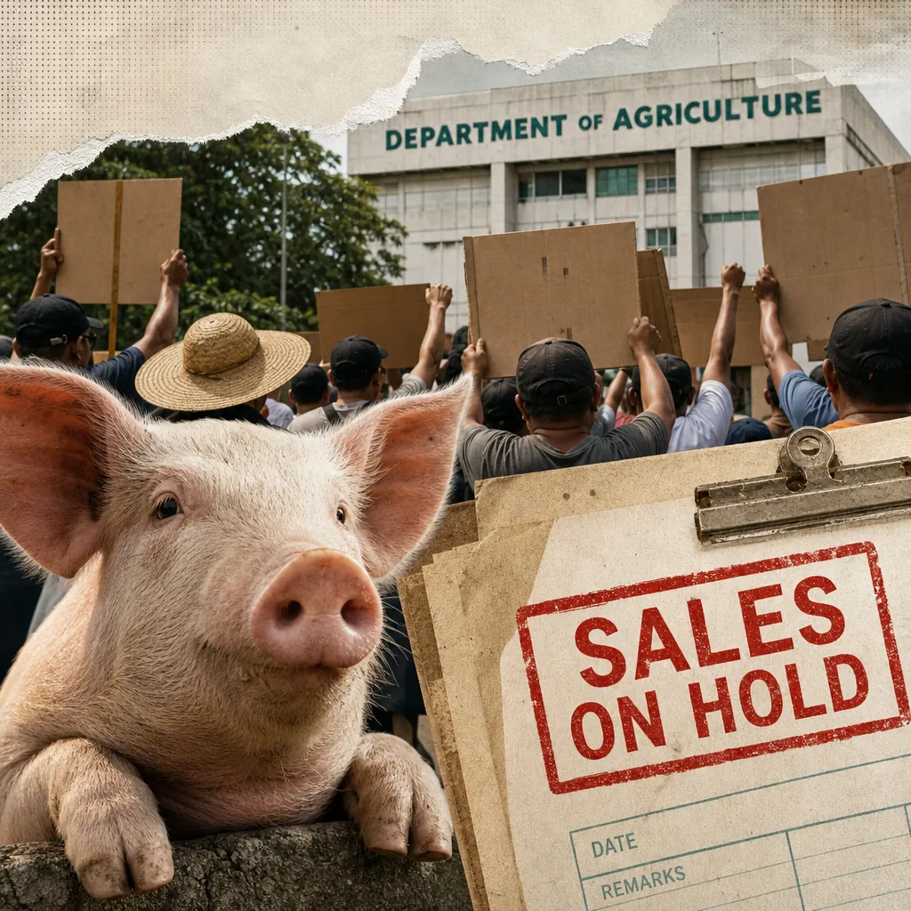 A crowd protests outside the Department of Agriculture, a pig leans on a fence, and signs show pork sales halt and DTI freezes prices on 204 basic goods. (143 characters)