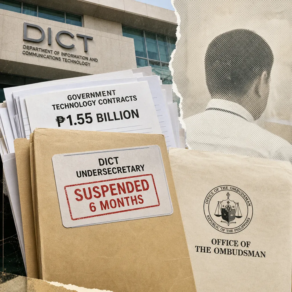 A collage shows the DICT building, a man’s back, folders labeled “DICT undersecretary suspended 6 months,” and “₱1.55B contracts” for Ombudsman suspends DICT undersecretary. (143 characters)