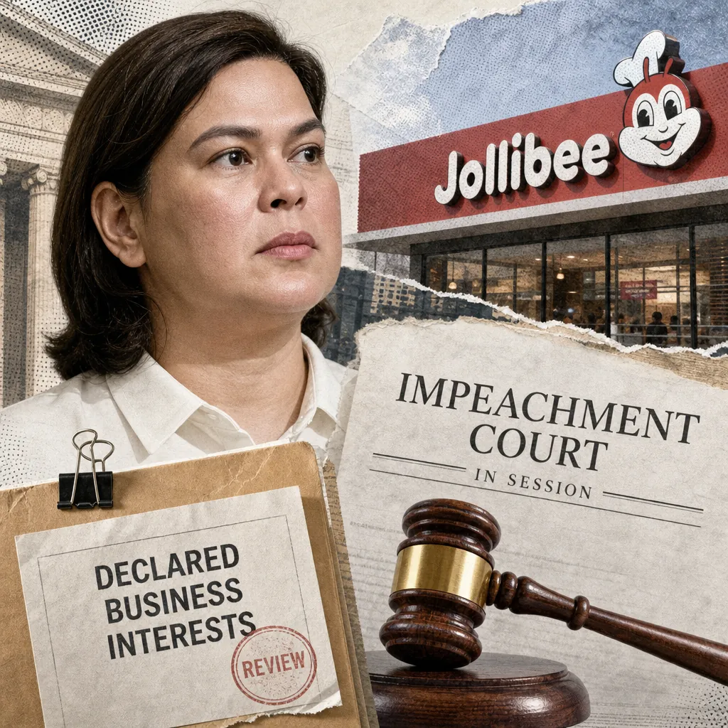 A woman stands before an impeachment court, holding declared business interests, with a Jollibee store marked denied, showing Jollibee franchise denial. (143 characters)