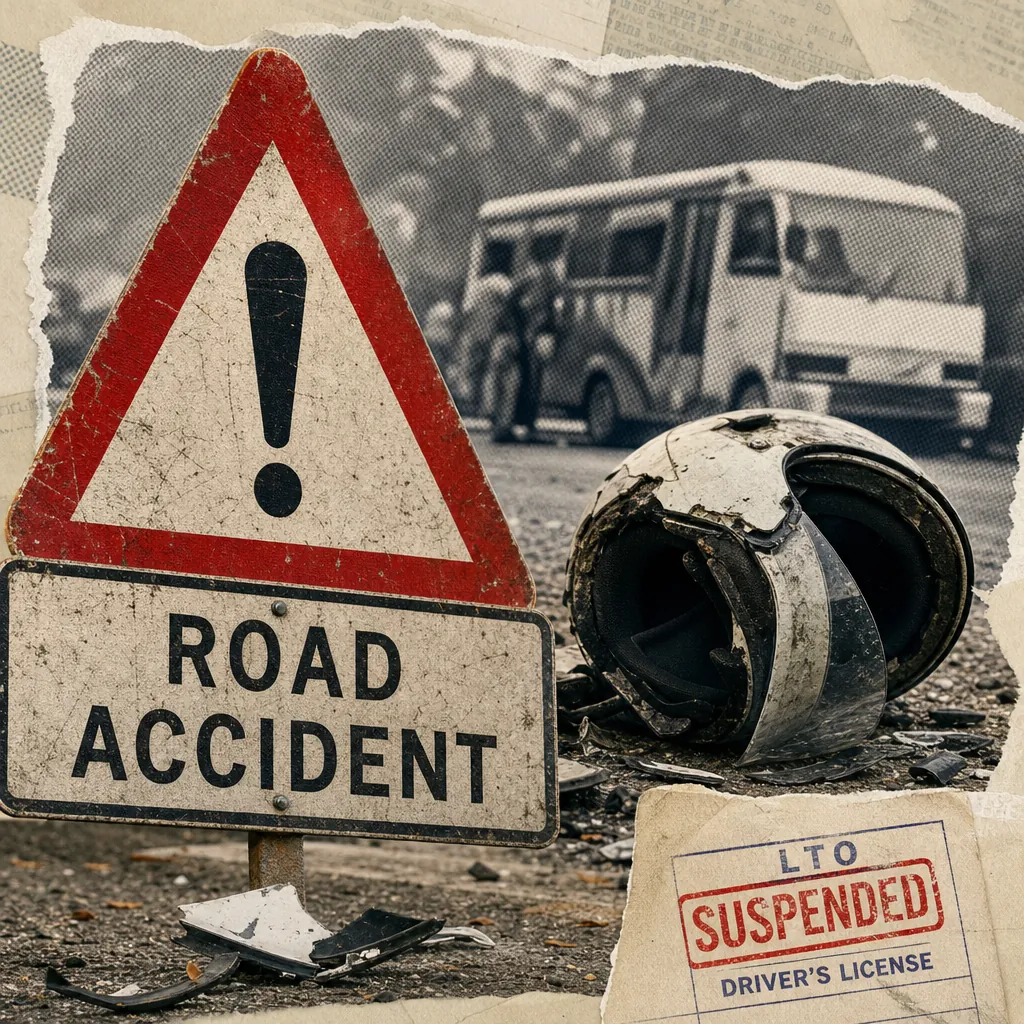 A damaged helmet and road accident sign lie on the street, with a jeepney in the background, as fatal crashes and LTO enforcement shape sector news. (143 characters)