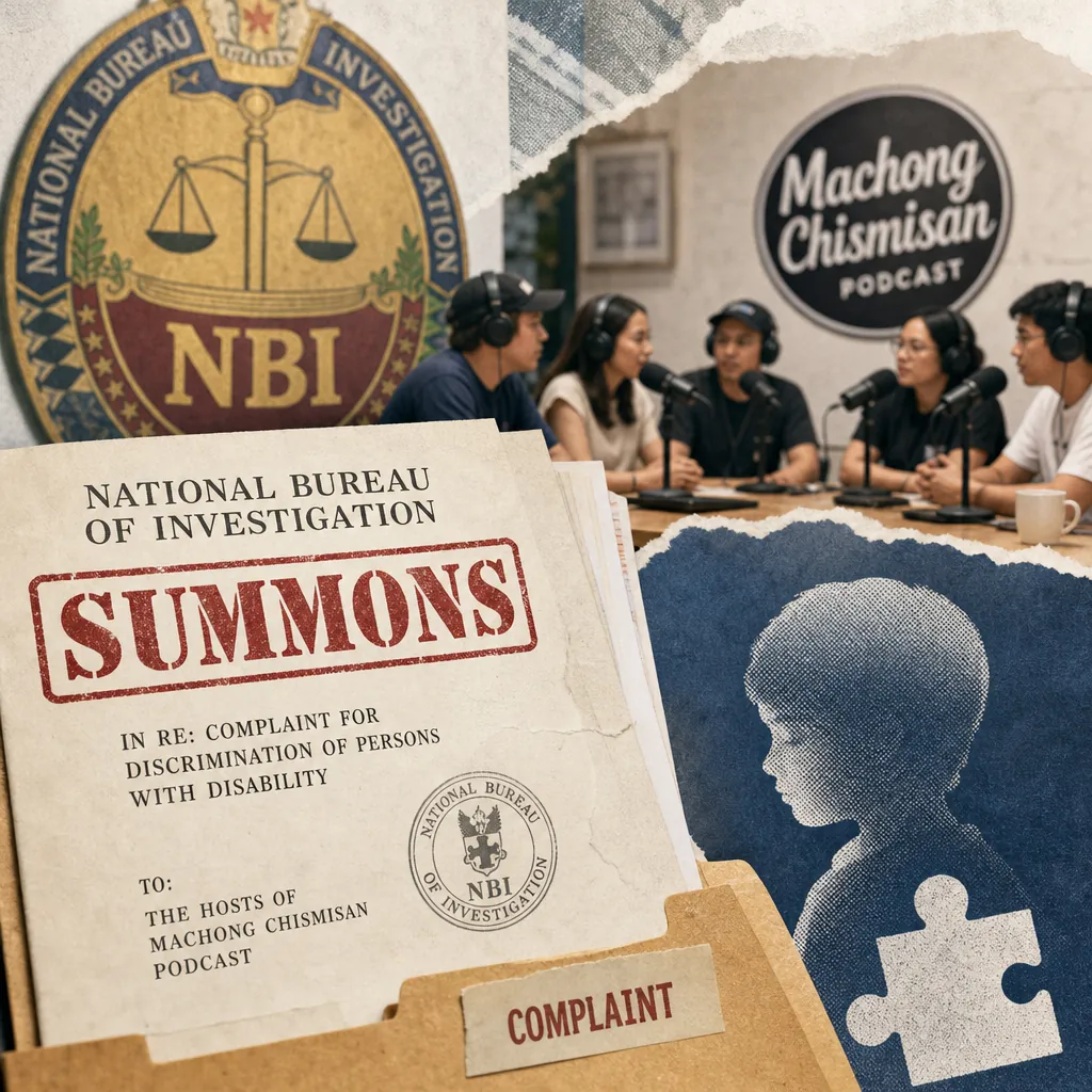 A summons from the NBI and a complaint folder appear beside a podcast group, showing the NBI investigates a podcast over remarks on Josh Aquino. (143 characters)