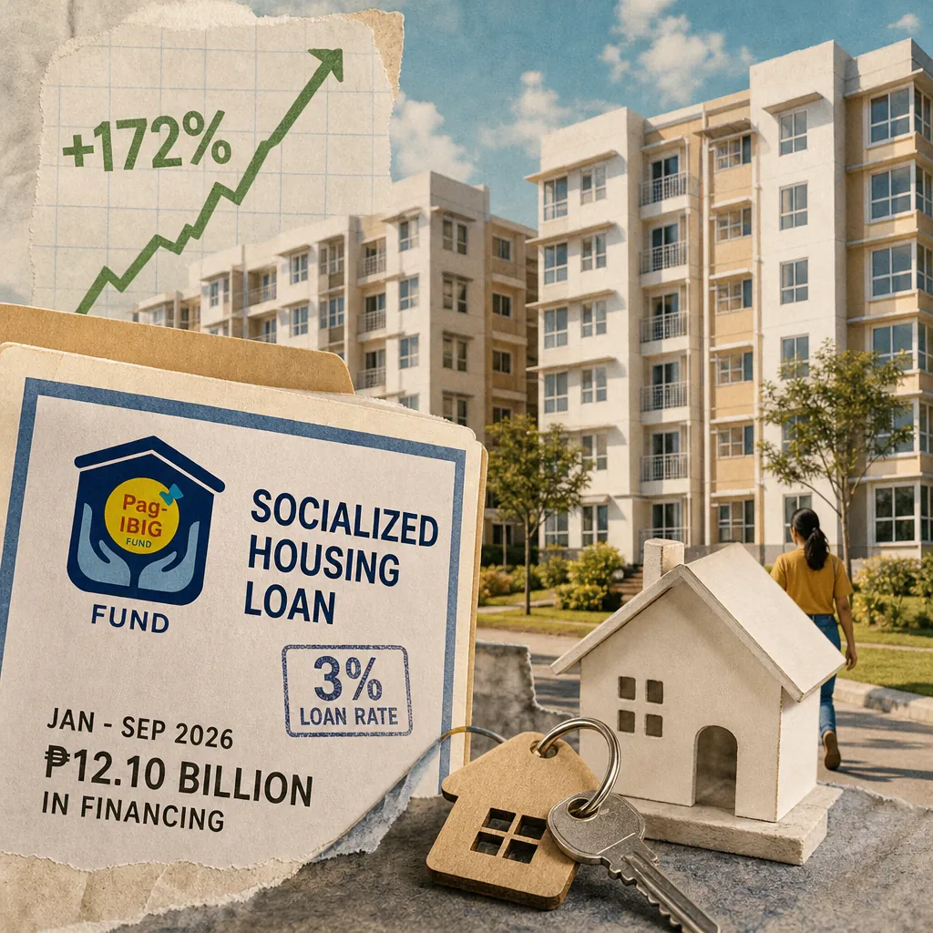 A Pag-IBIG socialized housing loan folder, a house model with keys, and a graph showing loans rose 172 percent to ₱12.10B in 2026. 143 characters