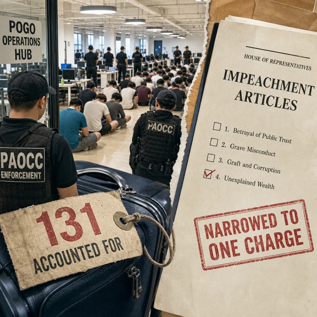 A PAOCC officer oversees a Makati POGO raid, with impeachment articles on unexplained wealth, peso’s record low, and inflation concerns shown. (143 characters)