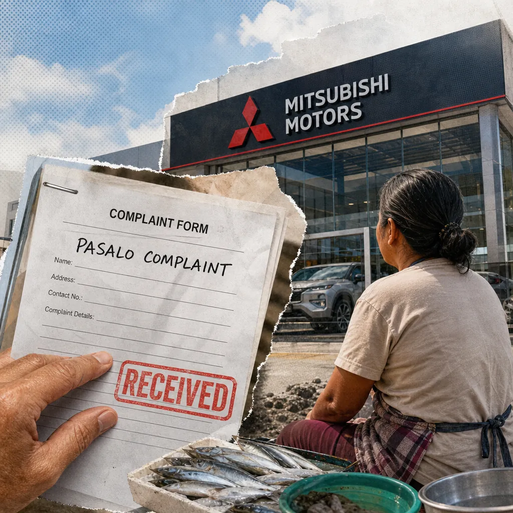 A woman sits outside a Mitsubishi Motors dealership with fish for sale, while a viral Mitsubishi pasalo dispute complaint form is shown in the foreground. 143 characters