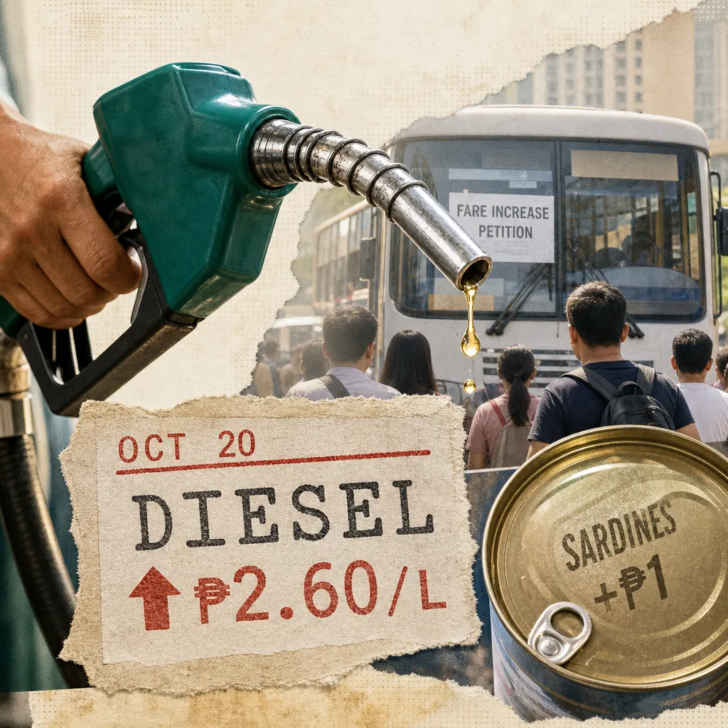 A diesel pump shows a ₱2.60 price increase, with a jeepney and a fare hike petition, reflecting diesel rose ₱2.60 while gasoline fell. (143 characters)