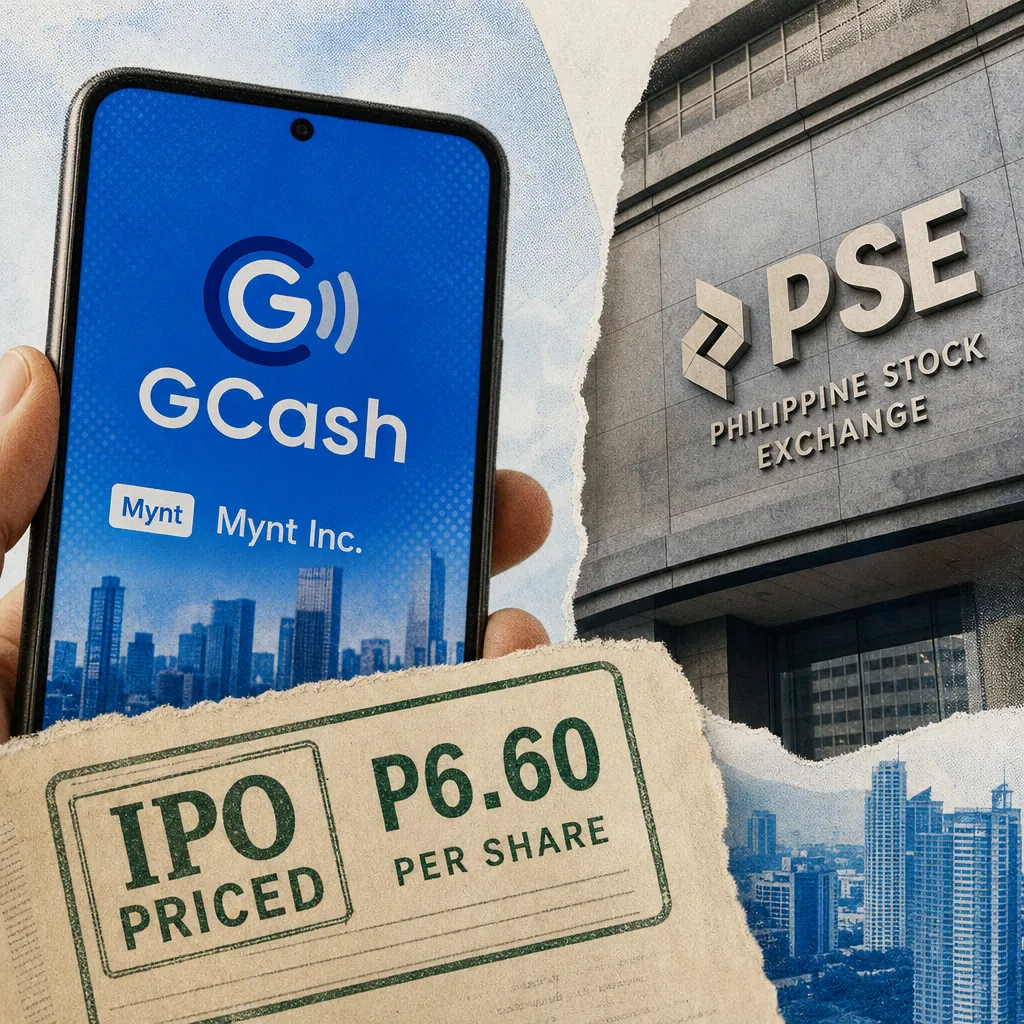A hand holds a phone showing GCash by Mynt Inc., with the Philippine Stock Exchange building and IPO pricing, highlighting Philippine finance trends. (143 characters)