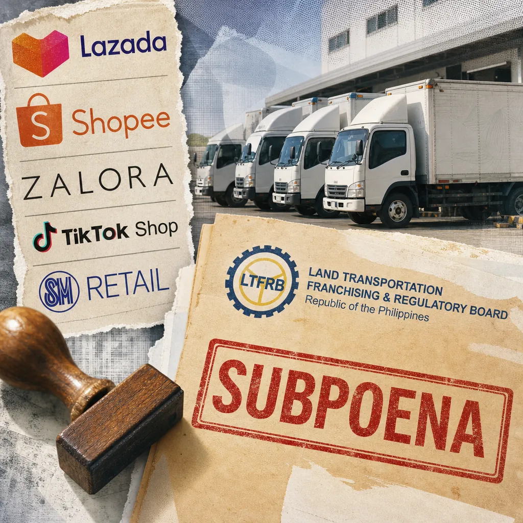 A subpoena from LTFRB is shown with logos of five e-commerce platforms and delivery trucks, highlighting crackdown on unlicensed delivery trucks. (143 characters)