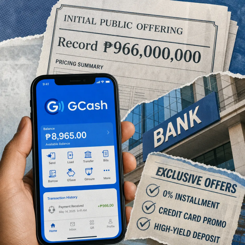 A hand holds a phone showing the GCash app, with headlines about GCash parent’s record $966M IPO and Philippine finance trends in the background. 143 characters