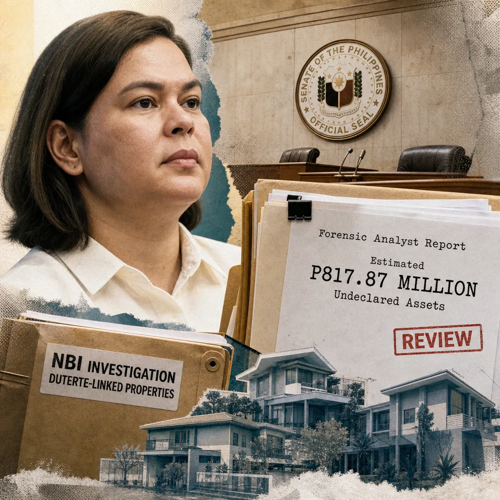 A woman sits in a courtroom with Senate seal, folders labeled NBI investigation, and documents on P817.87M in assets probed for unexplained wealth. (143 characters)