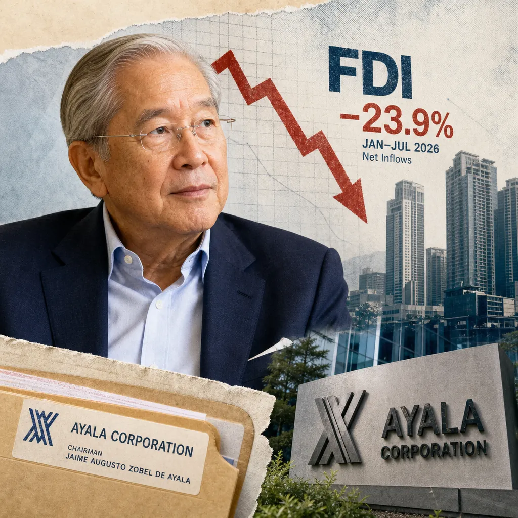 Ayala’s chairman flags FDI decline, shown by a downward graph, with city buildings and his name card, highlighting calls for reforms in 2026. (143 characters)
