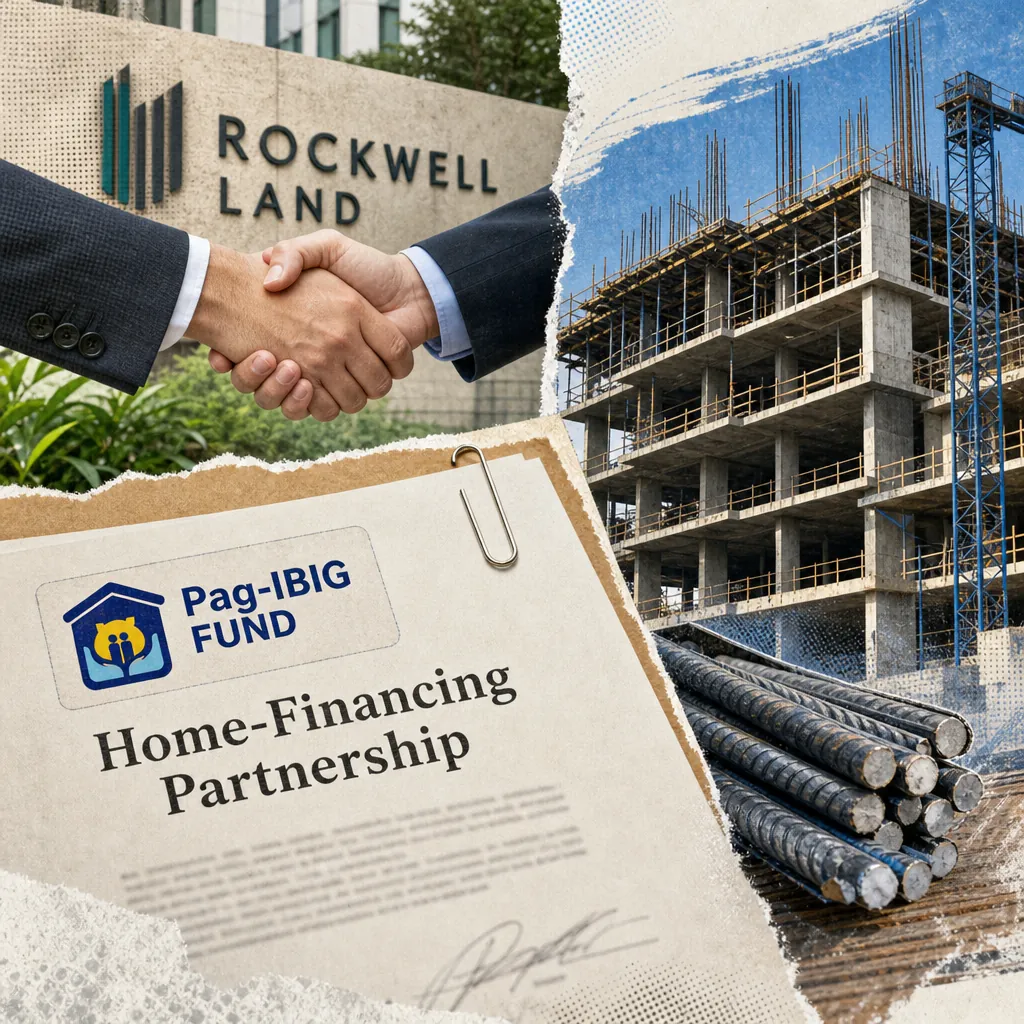 A Pag-IBIG and Rockwell Land home-financing partnership document, handshake, building under construction, and steel bars in Metro Manila. 143 characters