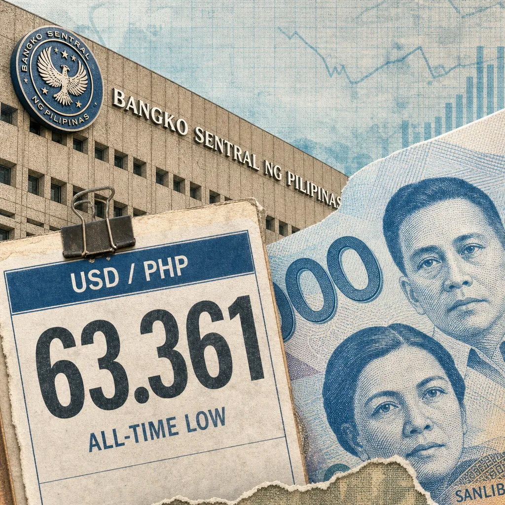 A collage shows a 1000 peso bill, a forex sign with the peso at its 34th record low, and the Bangko Sentral ng Pilipinas building facade. 143 characters