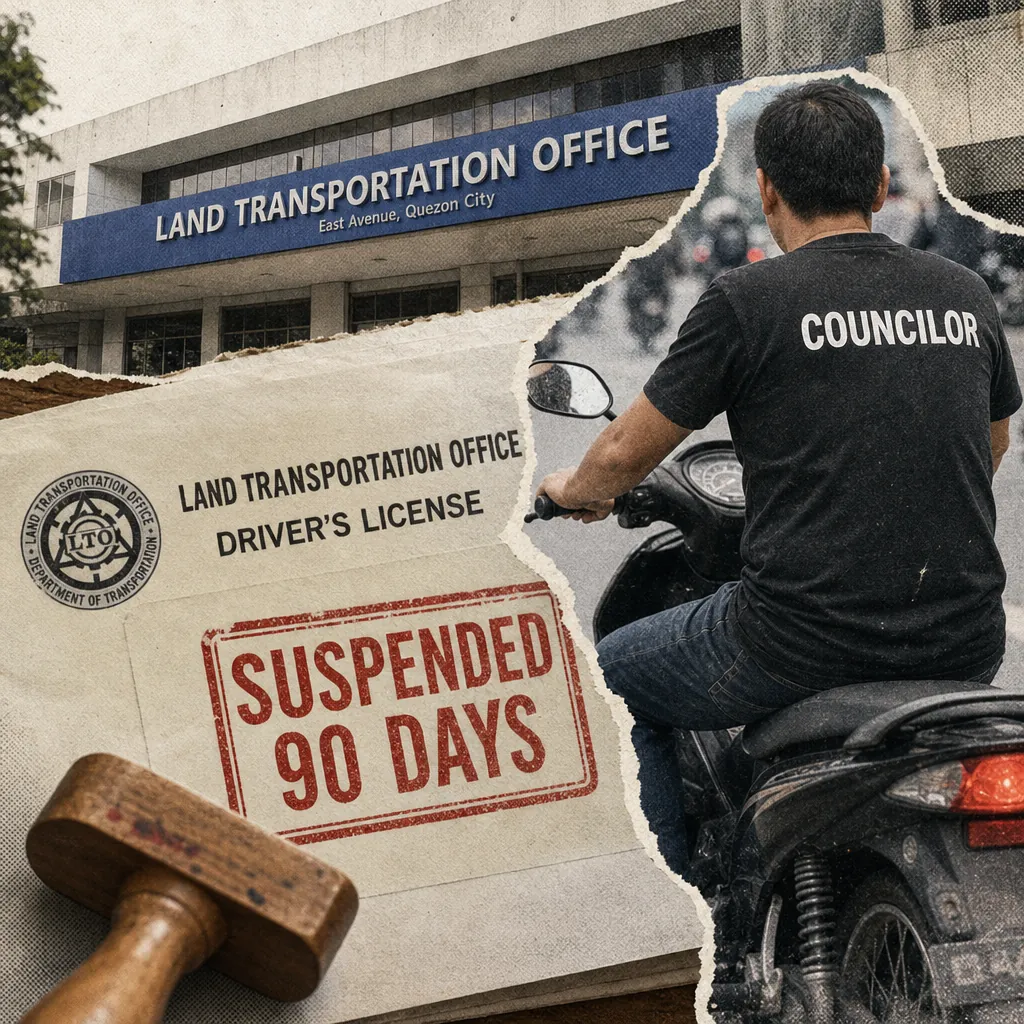 A man rides a motorcycle without a helmet, a hand holds a driver’s license marked suspended 90 days, and the LTO office is shown, as fatal motorcycle crashes, EV imports, and new vehicle launches shape PH transport news. (144 characters)