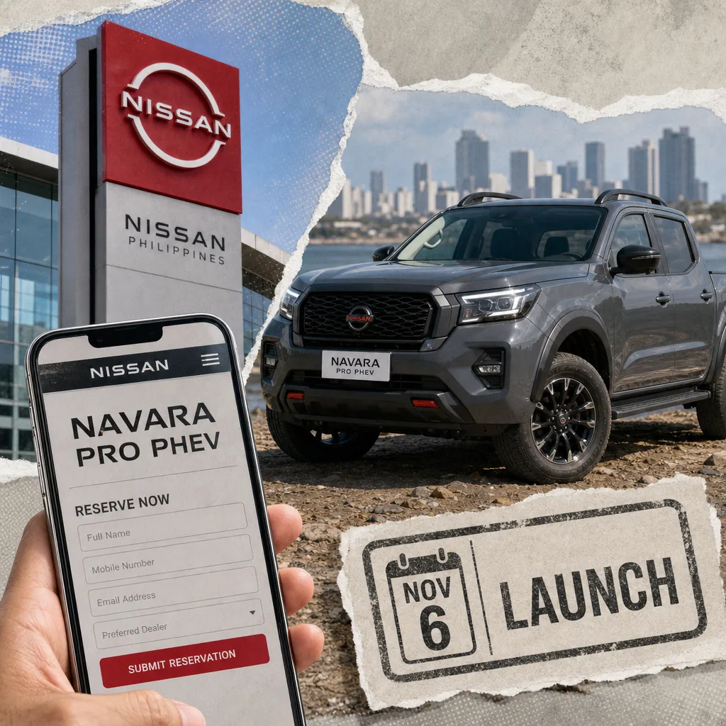 A Nissan Navara Pro PHEV pickup truck is parked outdoors, with a reservation form and Nissan dealership, showing Nissan opens Navara Pro PHEV reservations. (143 characters)