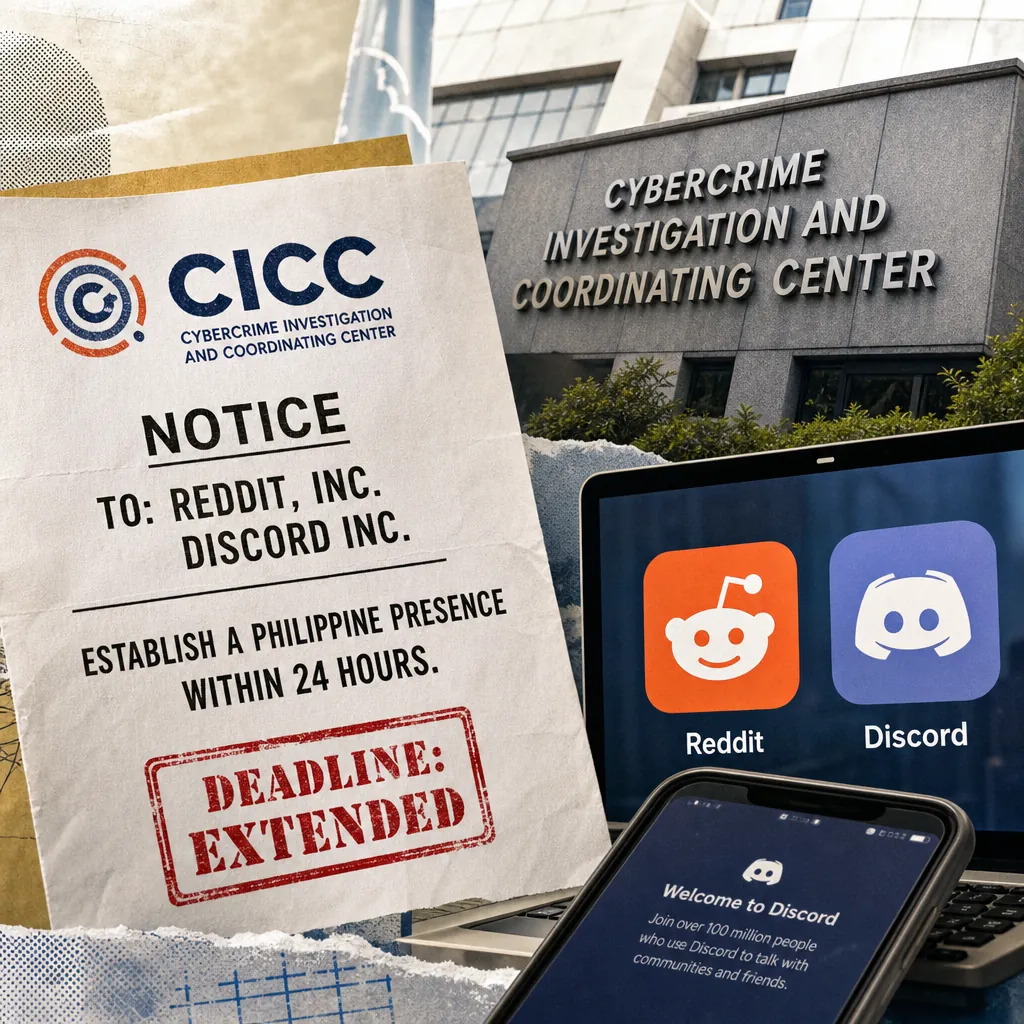 A notice from CICC orders Reddit and Discord to establish Philippine presence after school shootings, shown with their logos and a government building. 143 characters