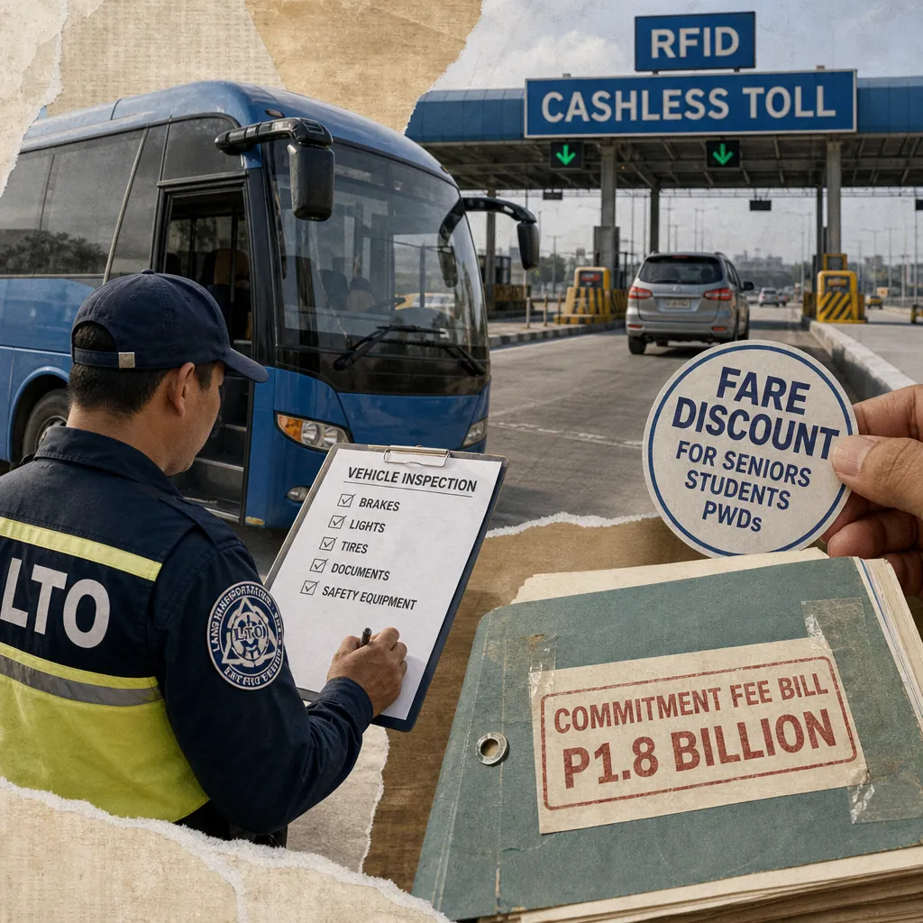 An LTO officer inspects a bus at a cashless toll, with fare discount and fee bill images, as agencies enforced safety, fare, and toll rules. (143 characters)