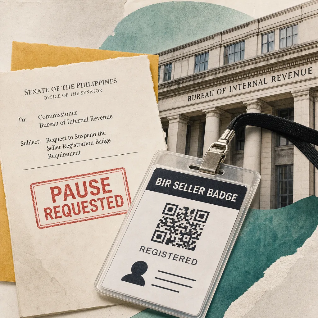 A BIR seller badge ID and a Senate letter marked pause requested are shown in front of the Bureau of Internal Revenue building, highlighting privacy concerns. (143 characters)