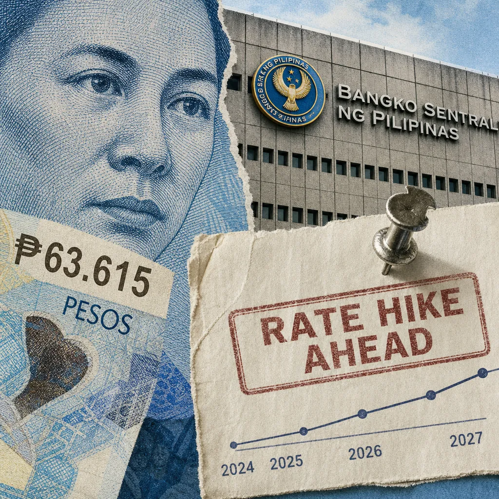 A close-up of a Philippine peso bill, Bangko Sentral ng Pilipinas building, and a pinned note reading rate hike ahead, showing the peso hit a fourth record low. (144 characters)