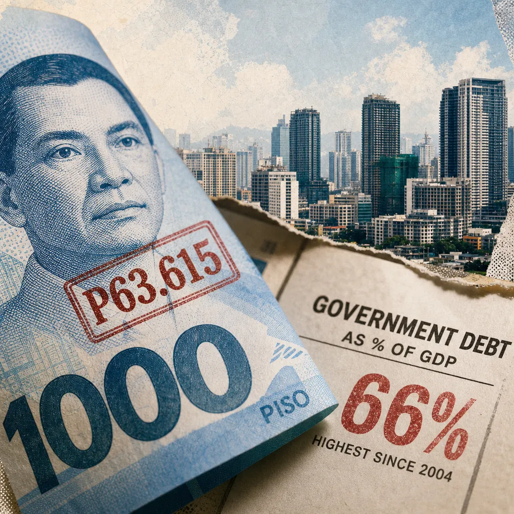 A Philippine 1000 peso bill, a city skyline, and a paper showing debt rose to 66 percent of GDP, reflecting the peso hit a record low. 143 characters