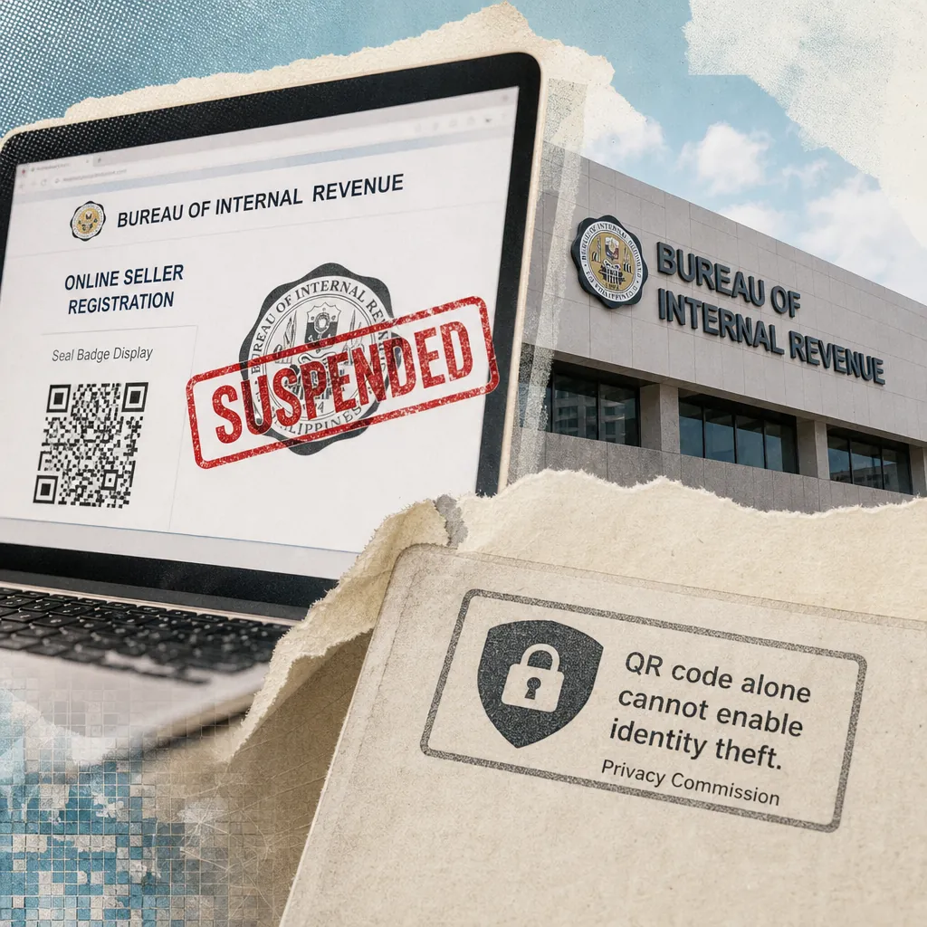 A laptop shows the BIR online registration badge rule marked suspended, with the Bureau of Internal Revenue building and privacy concerns highlighted. (143 characters)