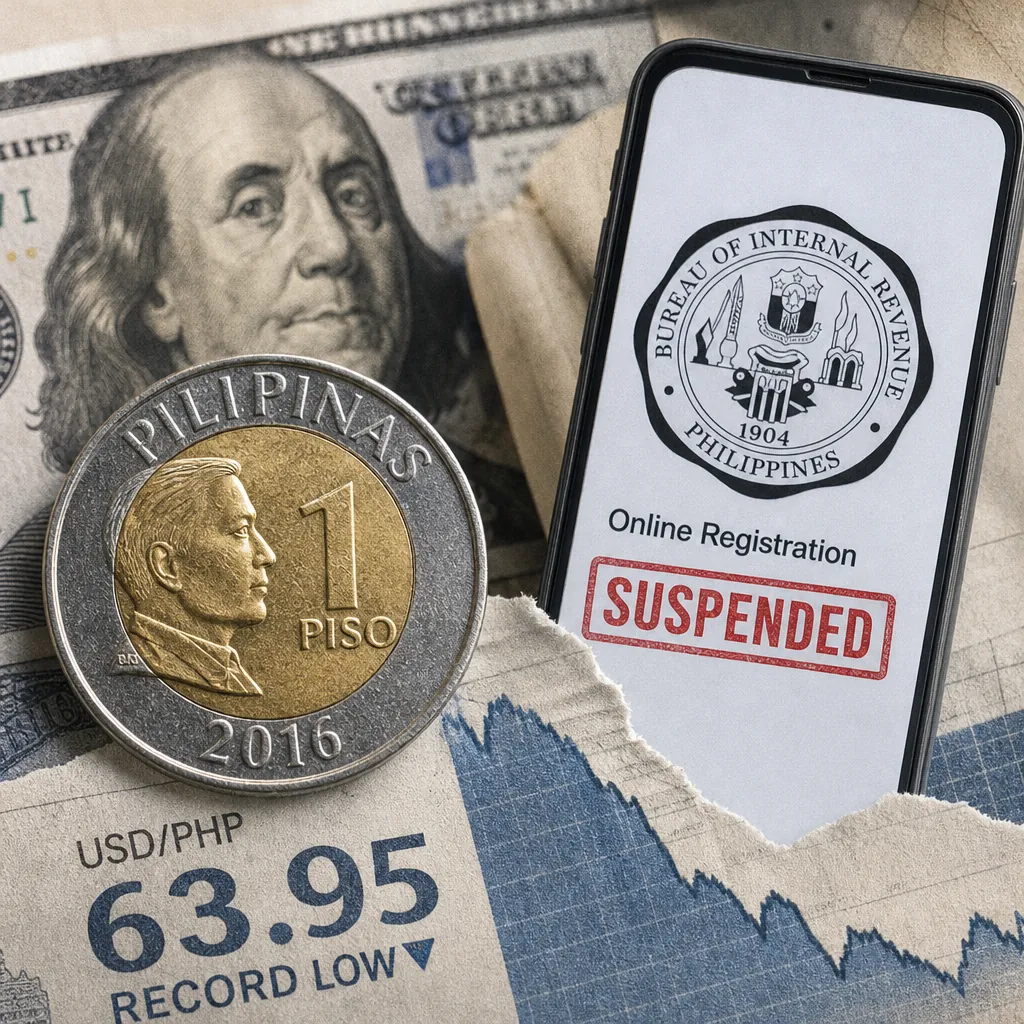 A Philippine peso coin, a US dollar bill, a phone showing BIR paused its online badge rule, and a chart of the peso hitting a record low. 143 characters